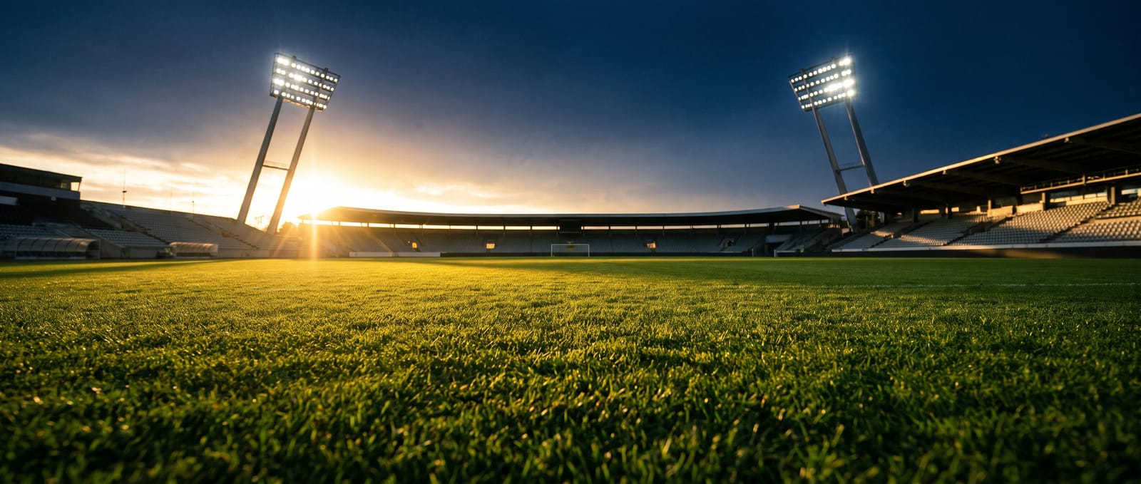 A professional football stadium at golden hour