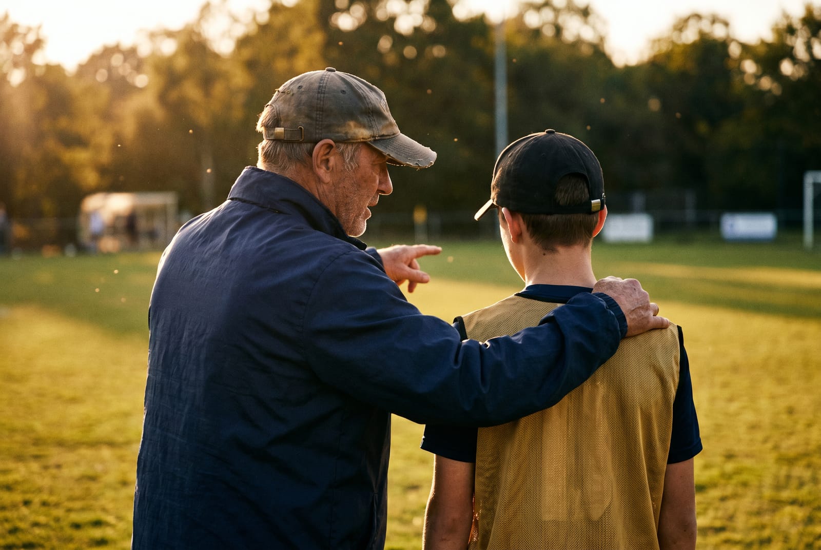A coach guiding a young player at the side of the pitch