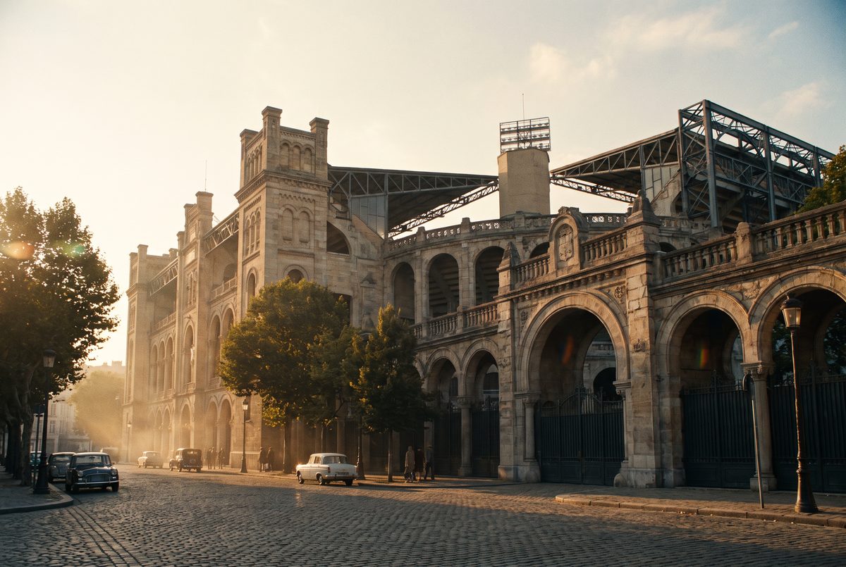 A classic European football stadium at golden hour