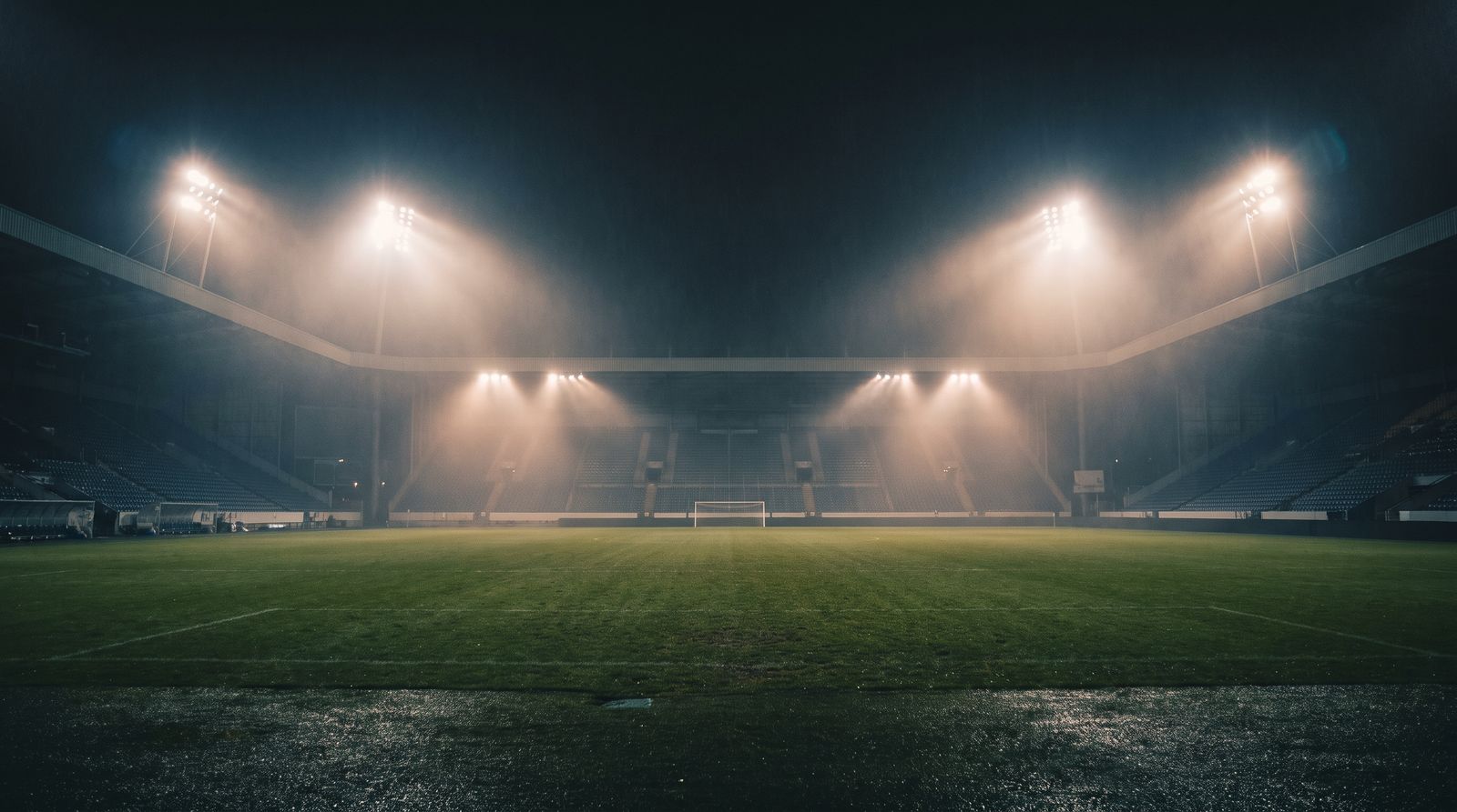 A lone football player on a misty floodlit pitch at dusk
