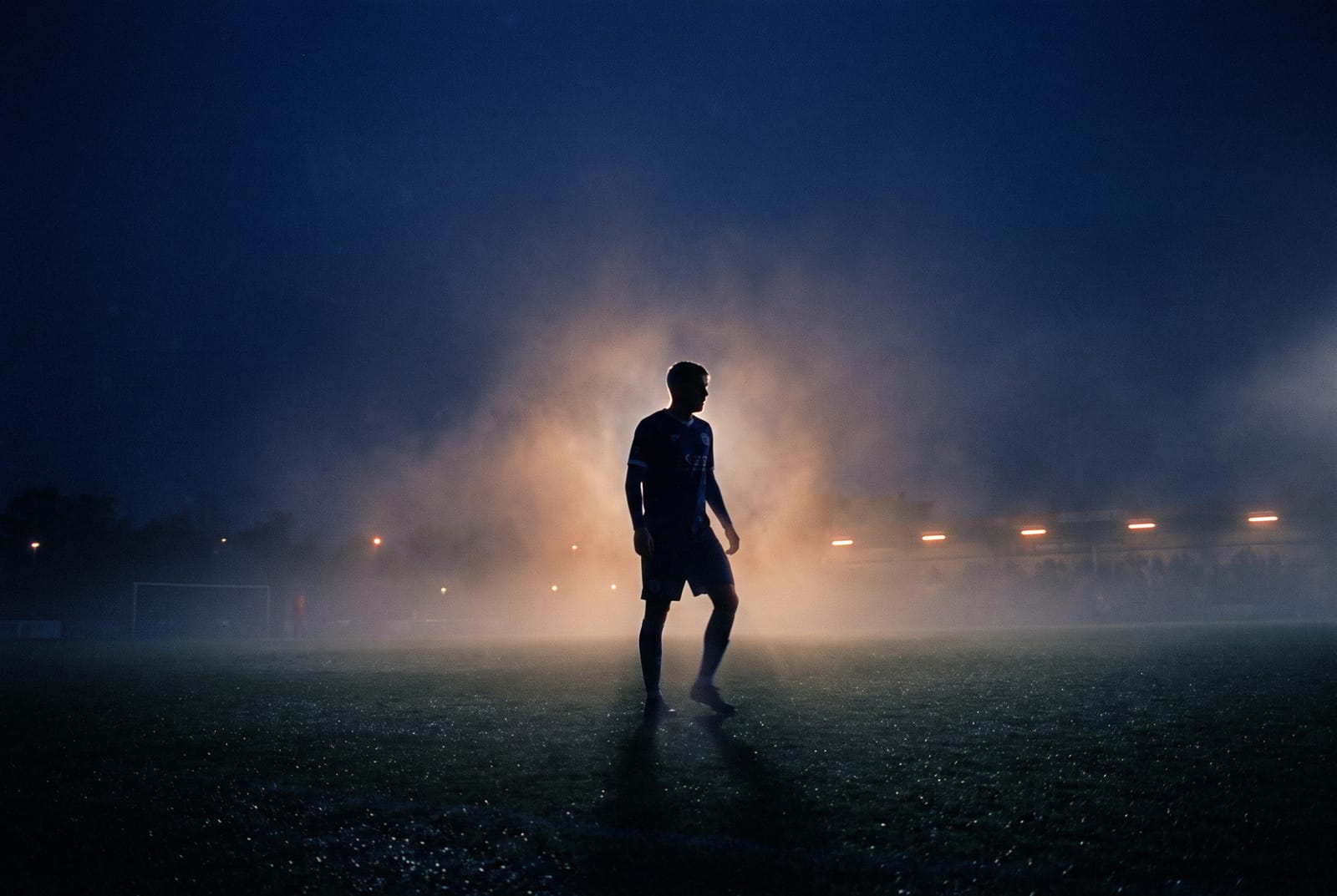 A professional football stadium at golden hour