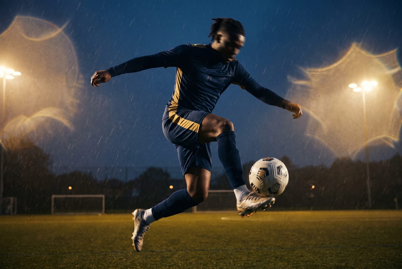 A footballer controlling the ball in training at dusk